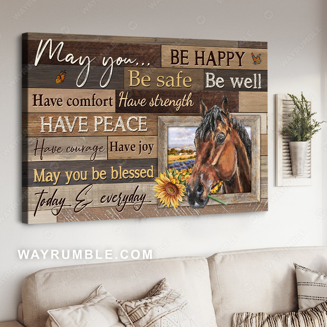 Watercolor horse, Sunflower, May you be blessed today and everyday - Jesus Landscape Canvas Prints, Christian Wall Art