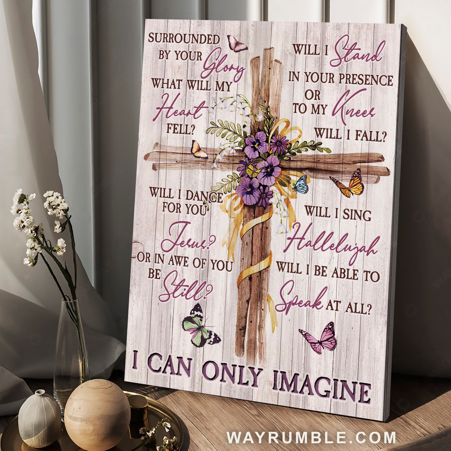 Cross symbol, Purple flower, Colorful butterfly, I can only imagine - Jesus Portrait Canvas Prints, Home Decor Wall Art