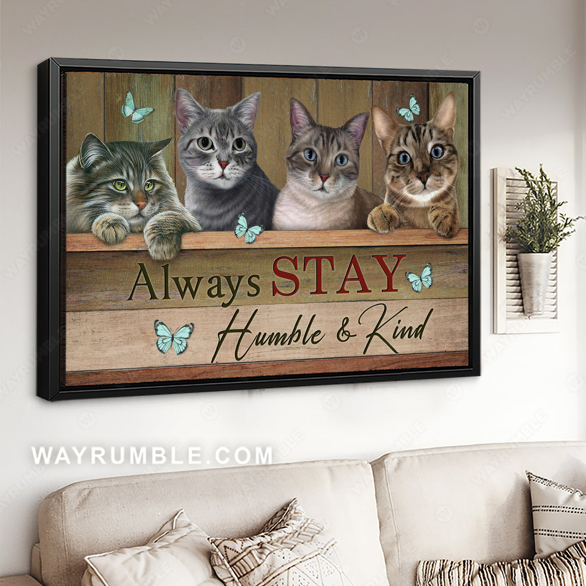 Cute cat drawing, Blue butterfly, Always stay humble and kind - Jesus Landscape Canvas Prints, Christian Wall Art