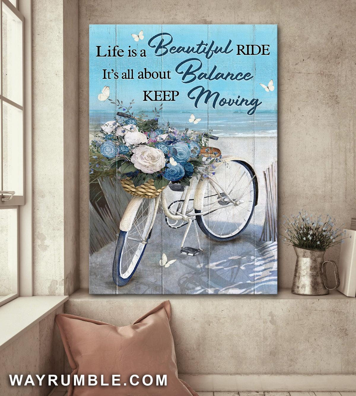 White bicycle, Flower basket, On the beach, Life is a beautiful ride - Jesus Portrait Canvas Prints, Wall Art