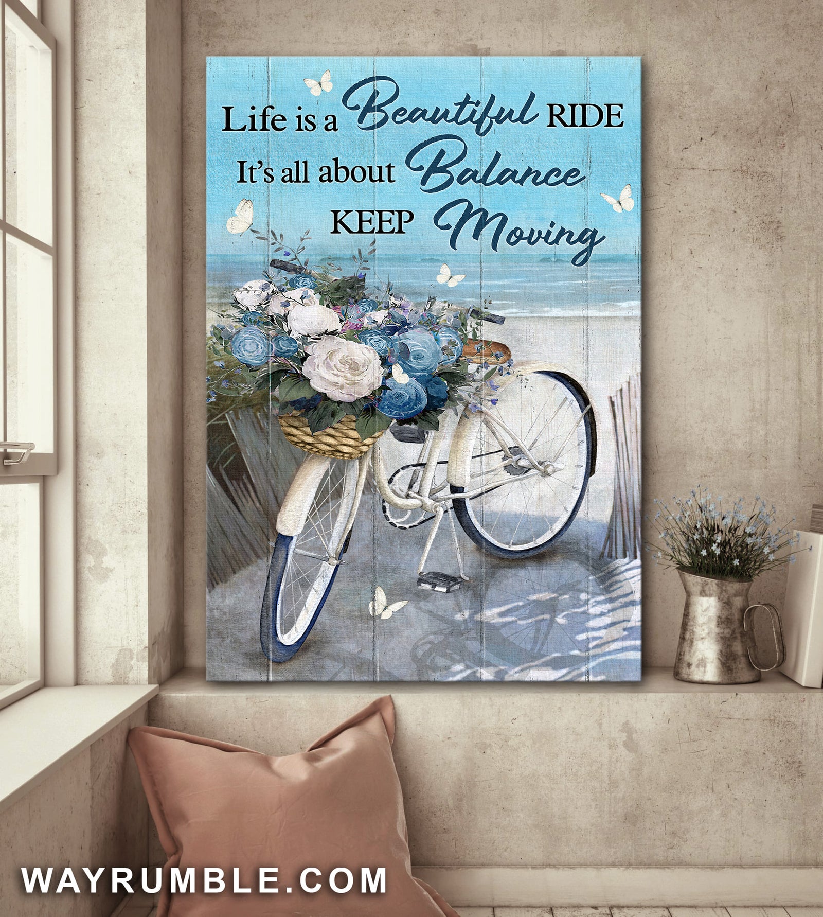 White bicycle, Flower basket, On the beach, Life is a beautiful ride - Jesus Portrait Canvas Prints, Wall Art