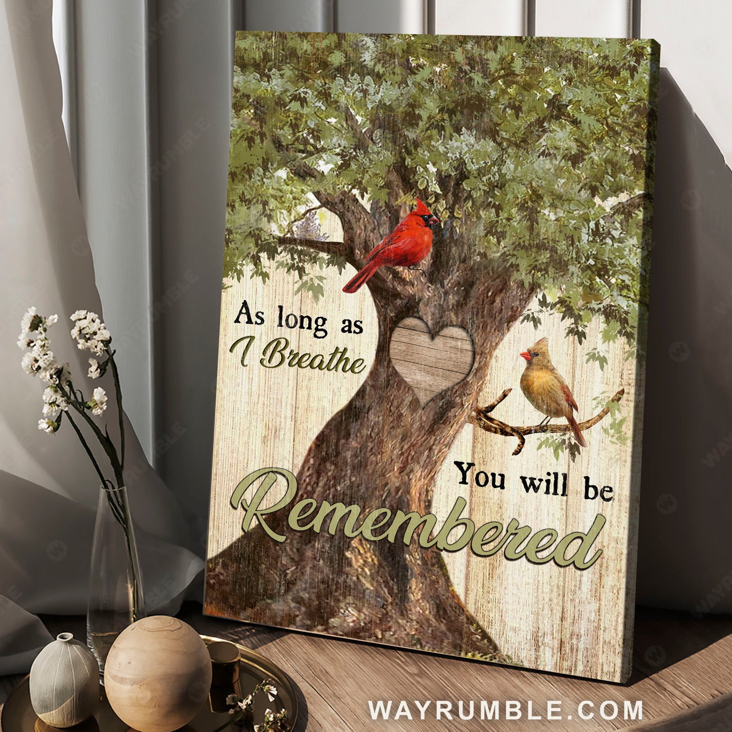 Cardinals drawing, Oak tree, Heart shape, You will be remembered - Heaven Portrait Canvas Prints, Wall Art