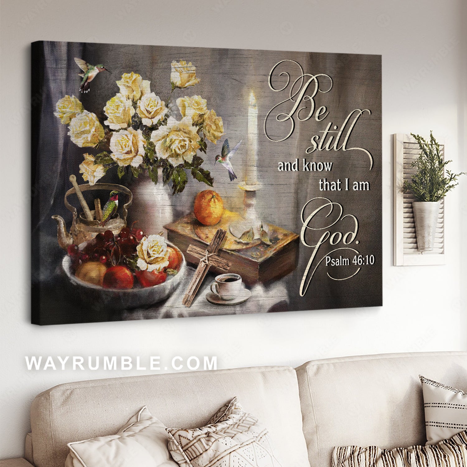 Yellow rose, Colorful hummingbird, Apple, Be still and know that I am God - Jesus Landscape Canvas Prints, Home Decor Wall Art