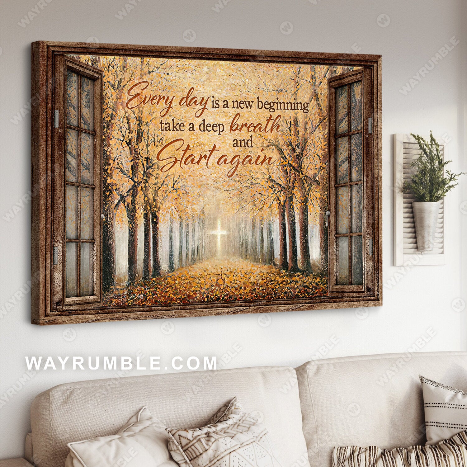 Autumn forest, Yellow leaf, Golden cross, Every day is a new beginning - Jesus Landscape Canvas Prints, Wall Art