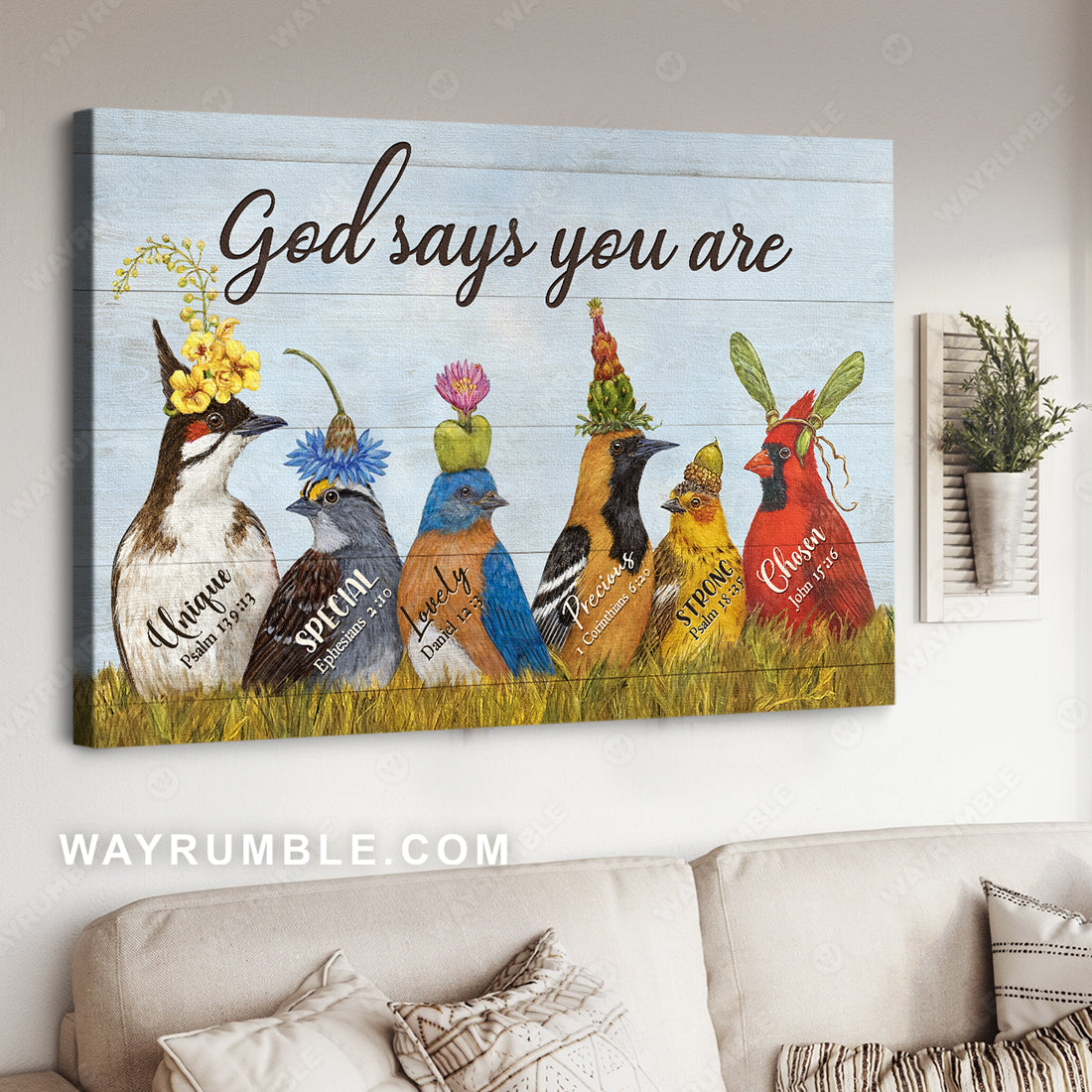 Colorful bird drawing, Flower wreath, Meadow land, God says you are unique - Jesus Landscape Canvas Prints, Christian Wall Art