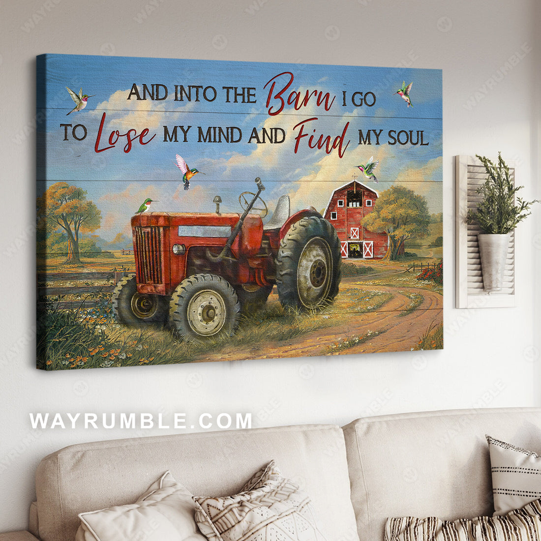 Red tractor, Green meadow, Colorful hummingbird, And into the barn - Jesus Landscape Canvas Prints, Christian Wall Art