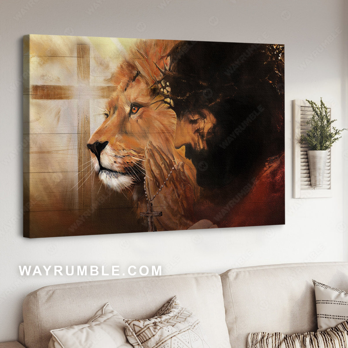 Beautiful lion, Real face of Jesus, Cross symbol, Pray for healing - Jesus Landscape Canvas Prints, Christian Wall Art