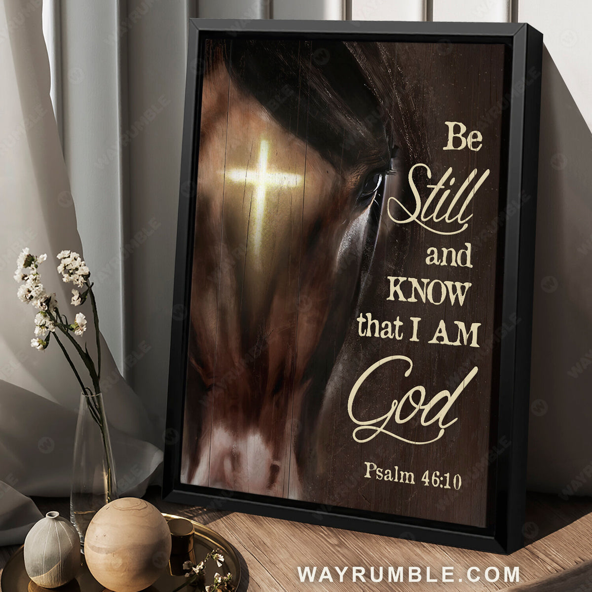 Face of horse, Cross, Brown background, Be still and know that I am God - Jesus Portrait Canvas Prints, Christian Wall Art