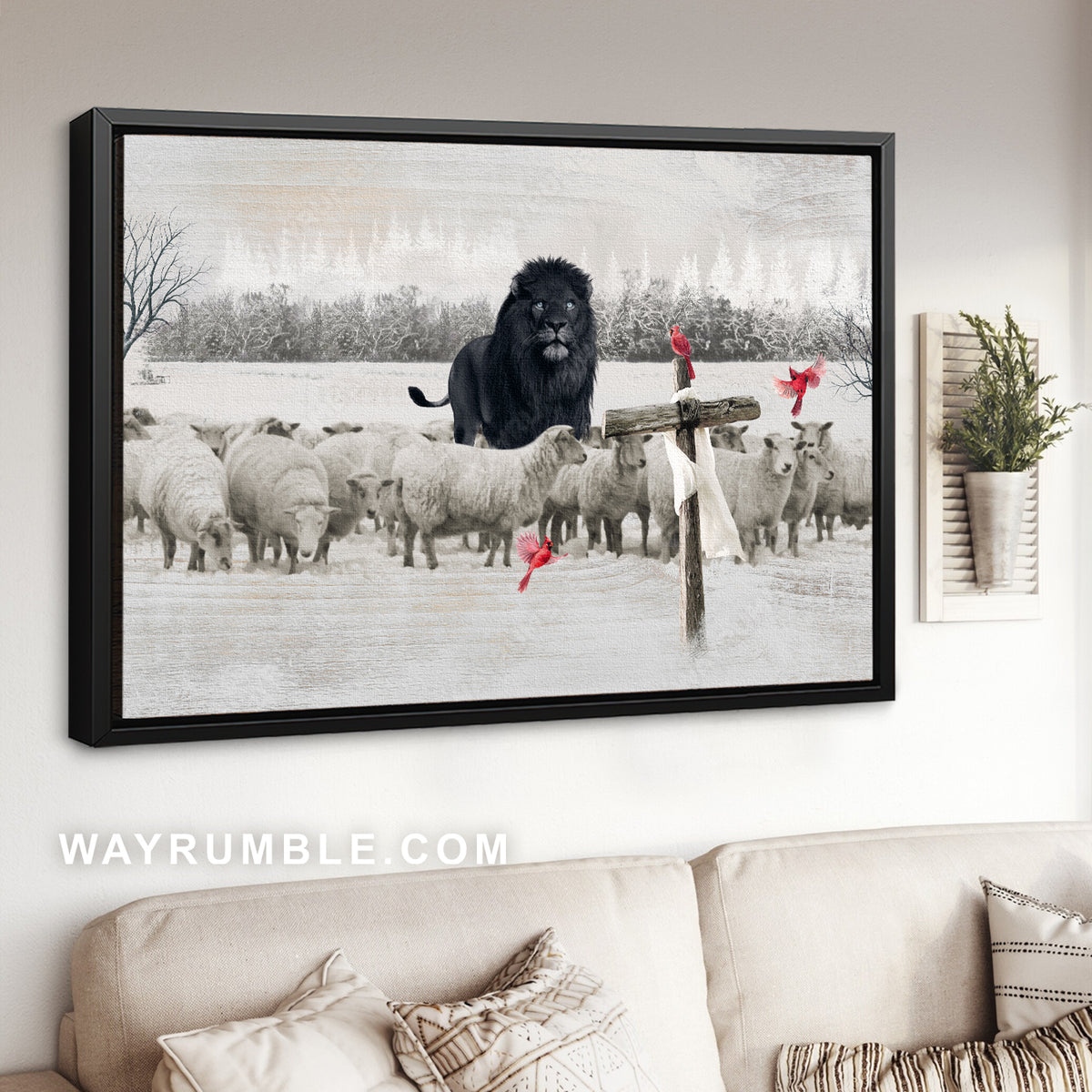 Black lion, Lamb farm, Red cardinal, Cross symbol, Stunning painting - Jesus Landscape Canvas Prints, Home Decor Wall Art