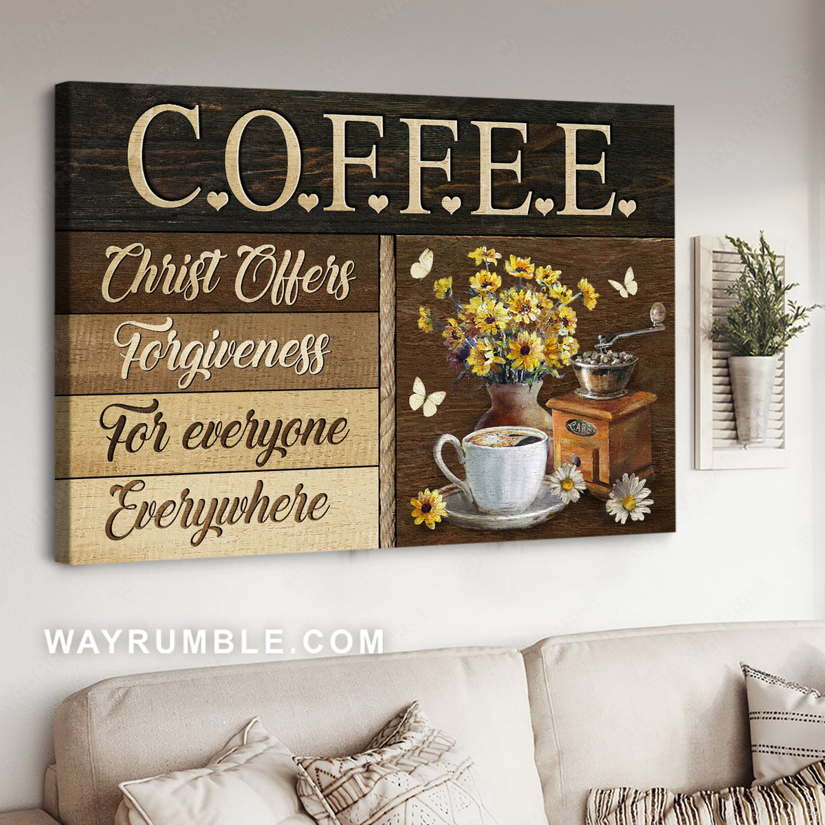 Coffee cup, Manual coffee grinder, Yellow daisy, Coffee - Jesus Landscape Canvas Prints, Christian Wall Art