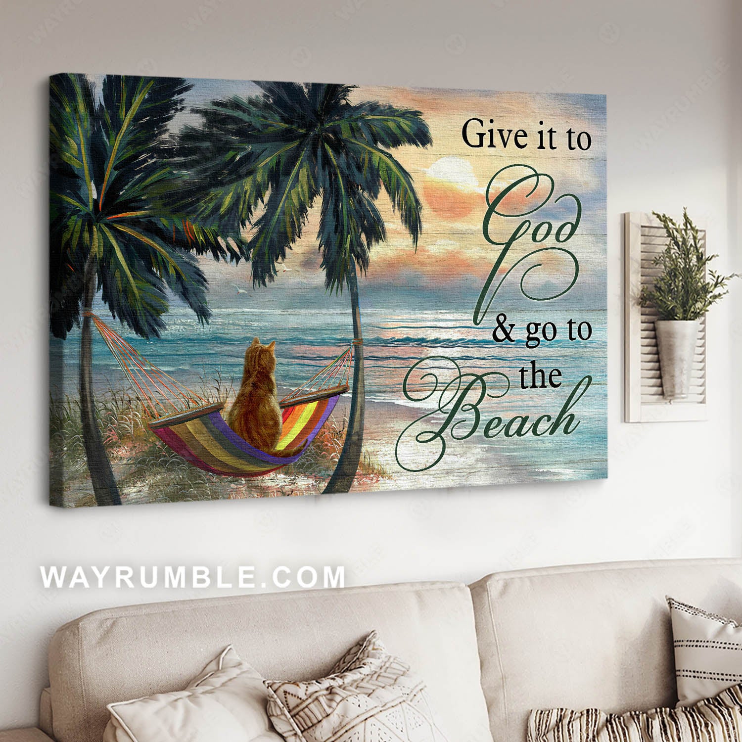 Tabby kitten, Palm tree, Beach hammock, Sunrise ocean, Give it to God - Jesus Landscape Canvas Prints, Christian Wall Art