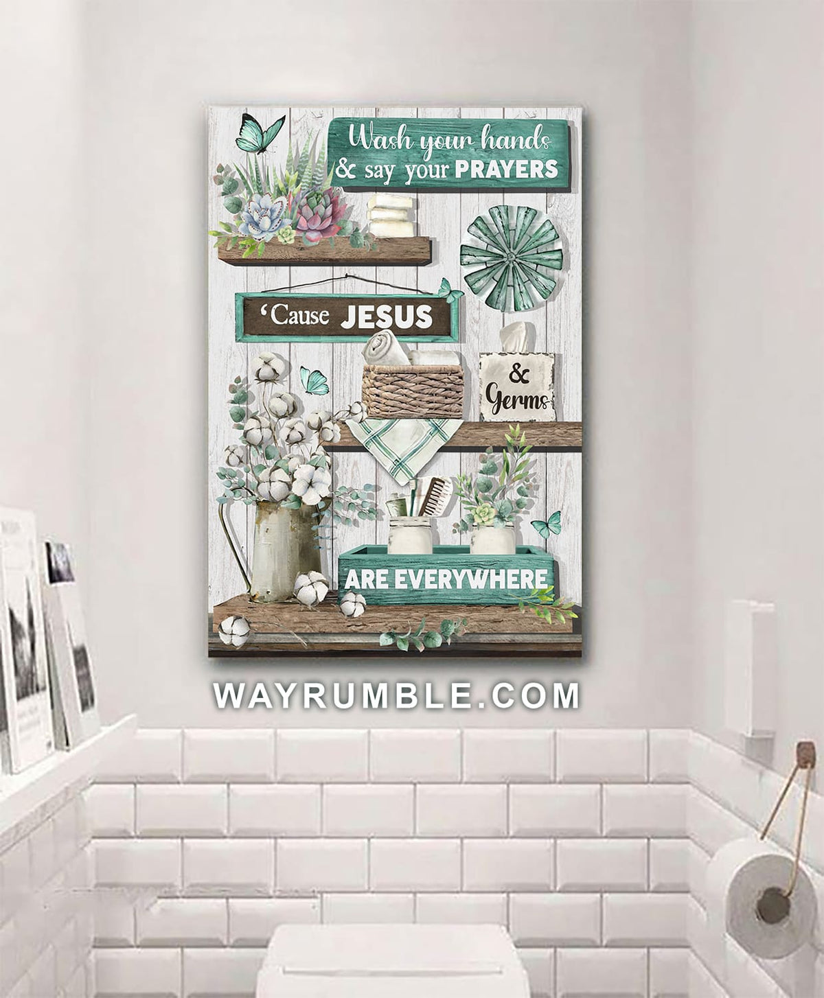 Turquoise bathroom, Wash your hands and say your prayers - Jesus Portrait Canvas Prints, Wall Art