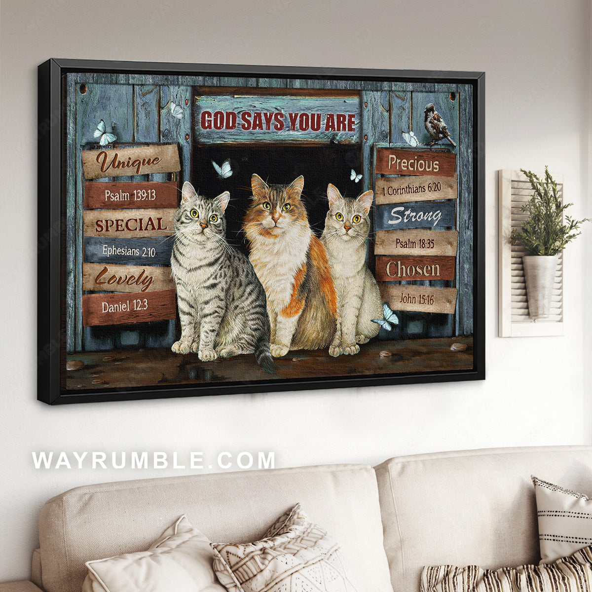 Watercolor cat, Blue butterfly, God says you are unique - Jesus Landscape Canvas Prints, Christian Wall Art