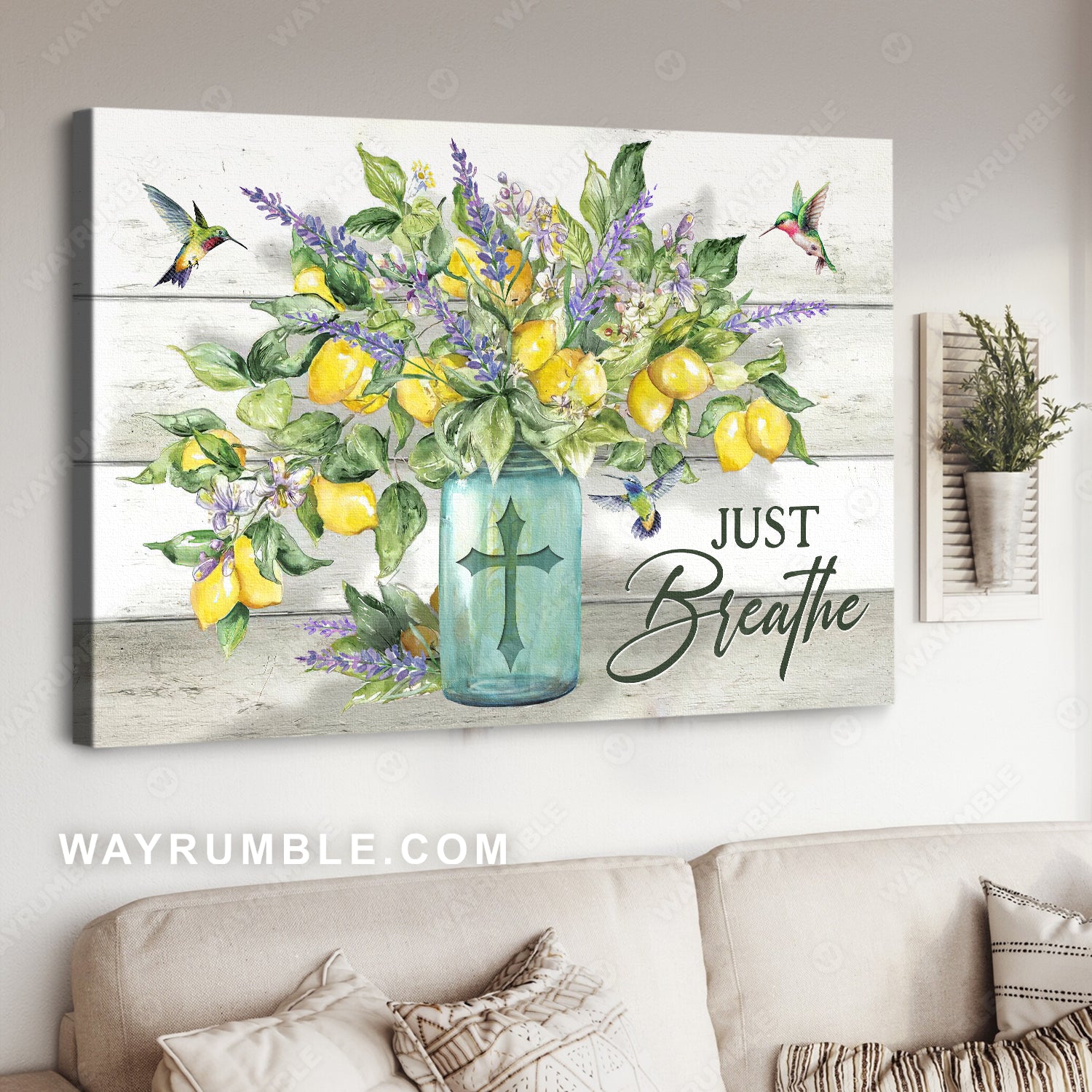 Yellow lemon, Pretty lavender, Colorful hummingbird, Just breathe - Jesus Landscape Canvas Prints, Home Decor Wall Art