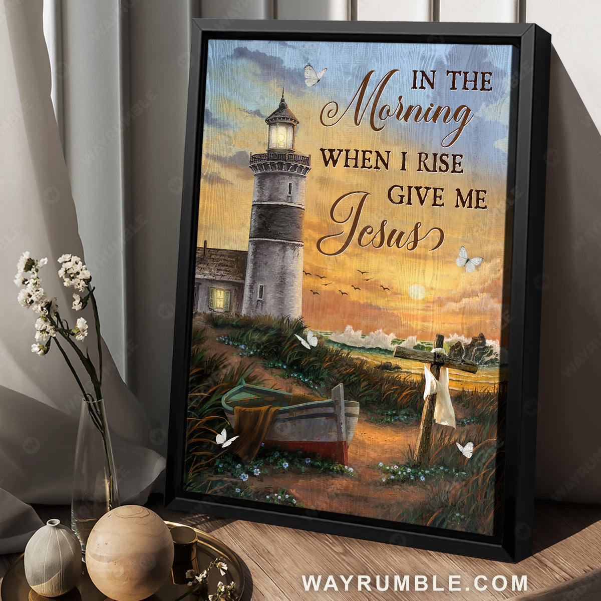 Pretty sunset, Lighthouse artwork, Peace scene, In the morning when I rise - Jesus Portrait Canvas Prints, Home Decor Wall Art