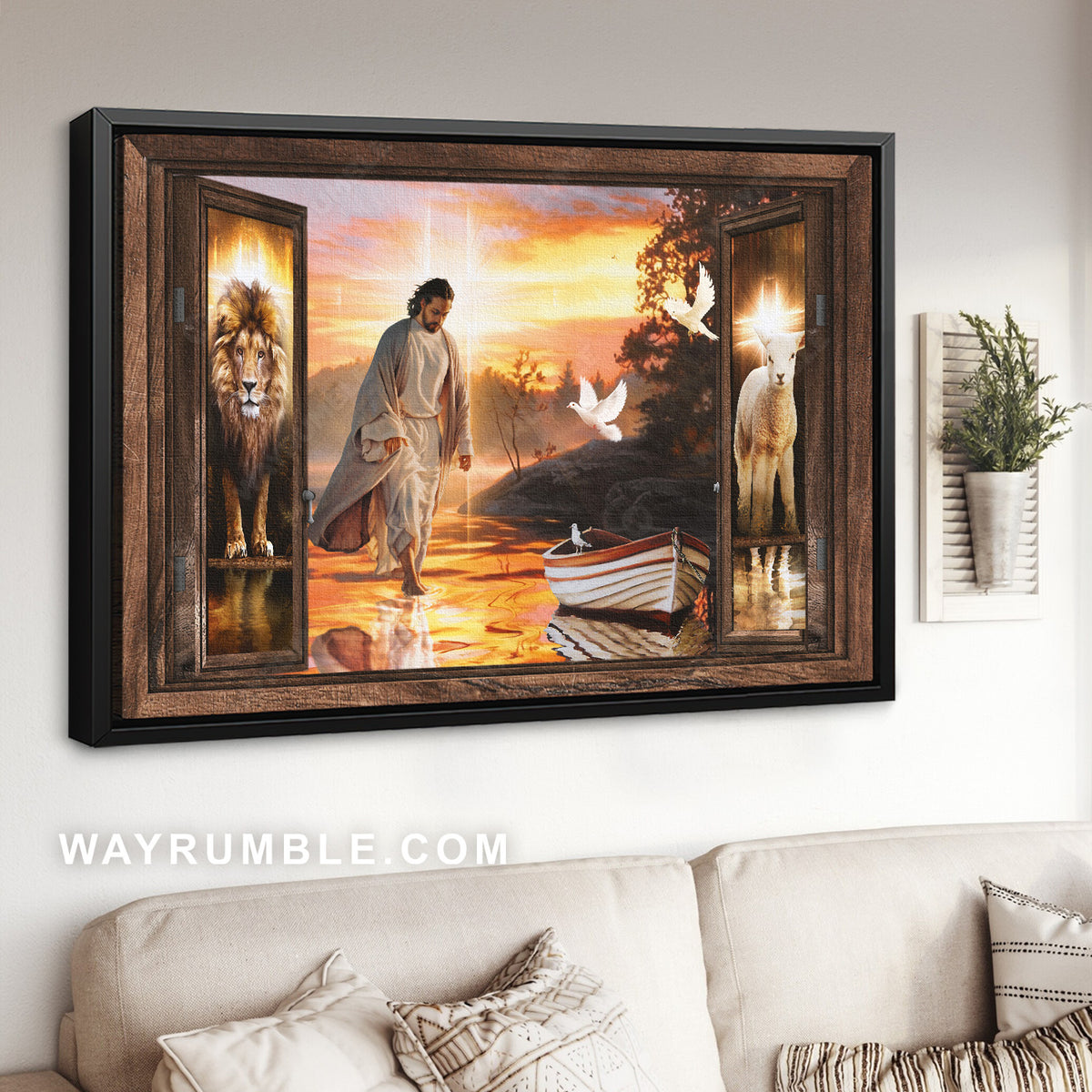 Sunset painting, Jesus walking on water, White dove, Lamb of God - Jesus Landscape Canvas Prints, Home Decor Wall Art