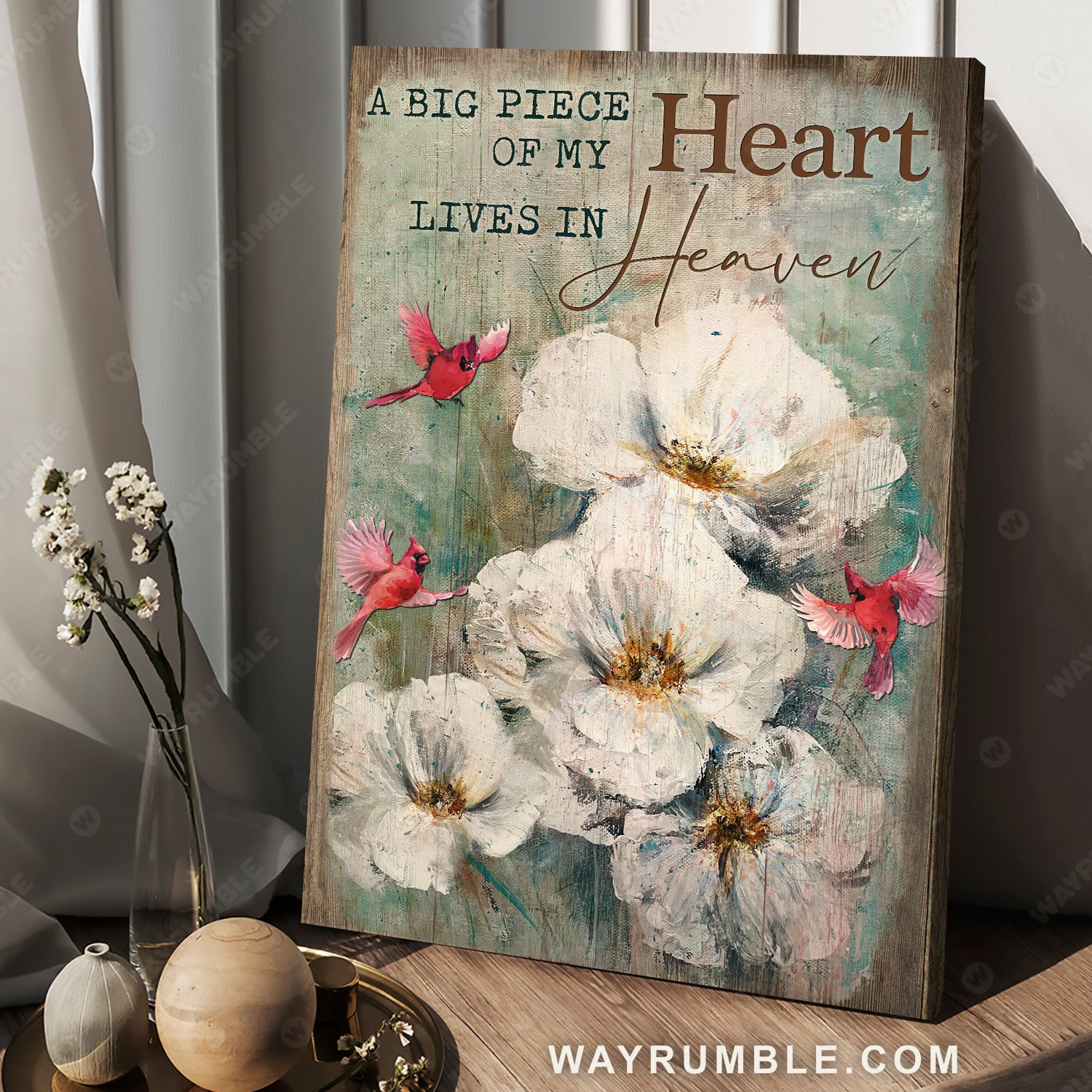 White climbing roses, Red cardinal, A big piece of my heart lives in heaven - Jesus Portrait Canvas Prints, Christian Wall Art