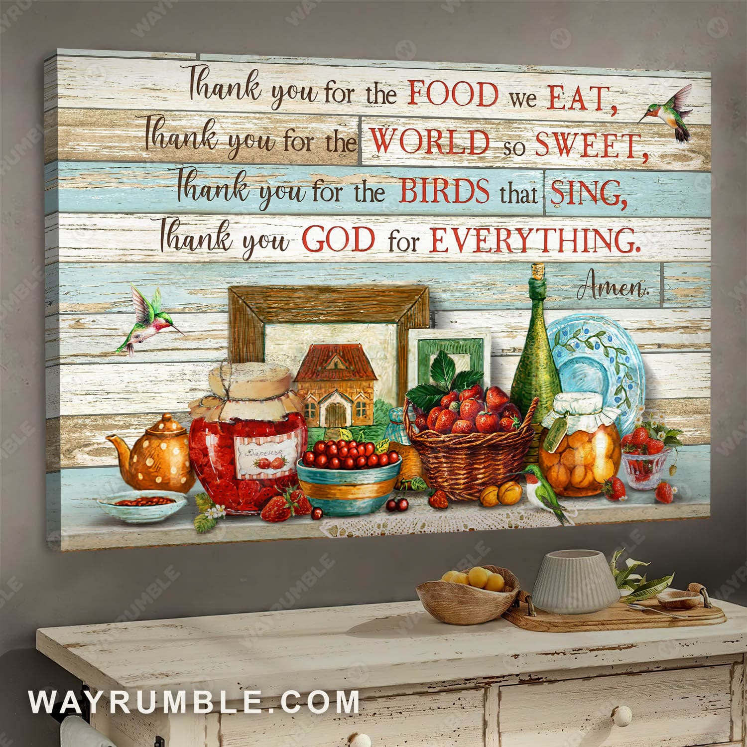 Vintage kitchen, Strawberry basket, Thank you for the food we eat - Jesus Landscape Canvas Prints, Wall Art