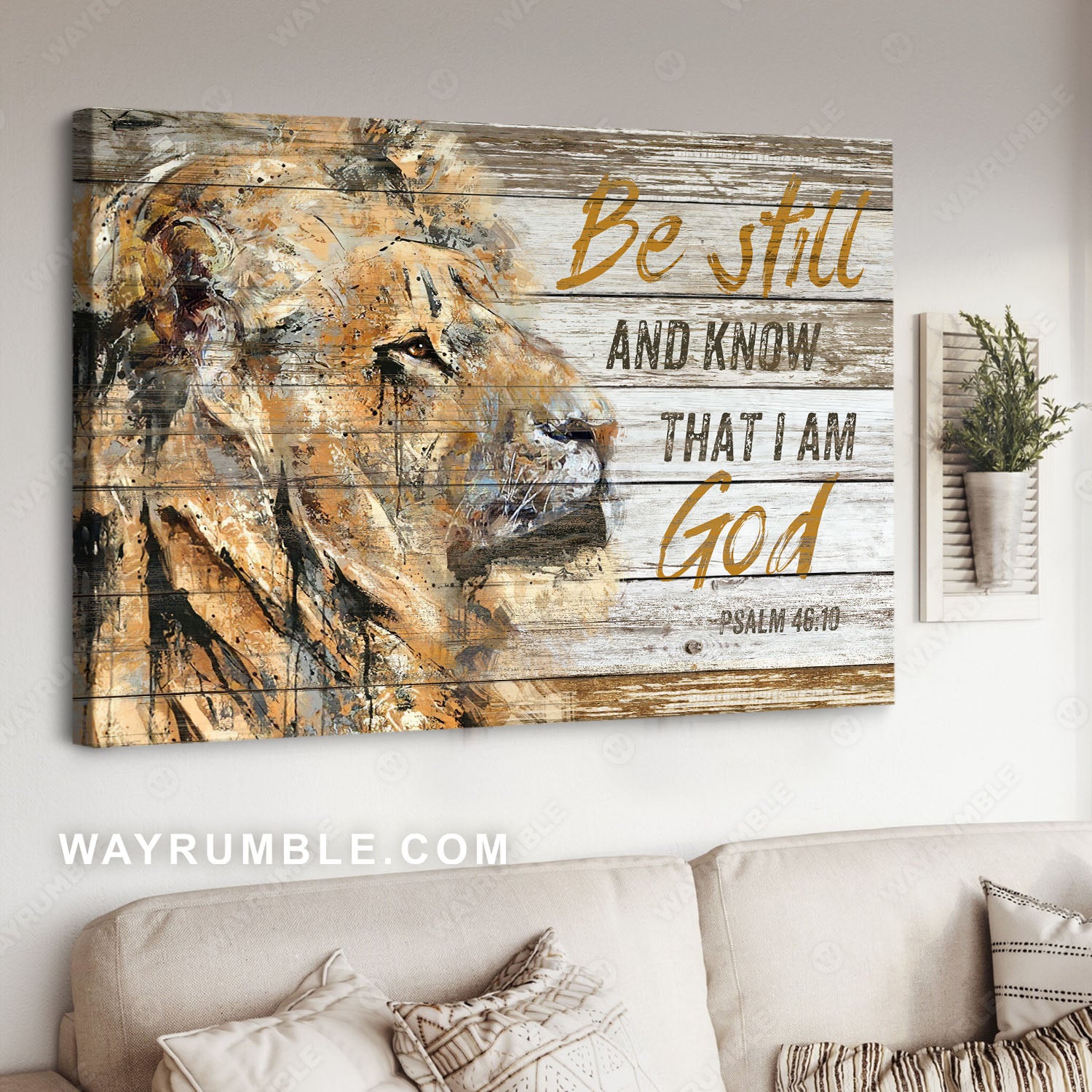 Lion painting, Lion of Judah, Wood background, Be till and know that I am God - Jesus Landscape Canvas Prints, Christian Wall Art