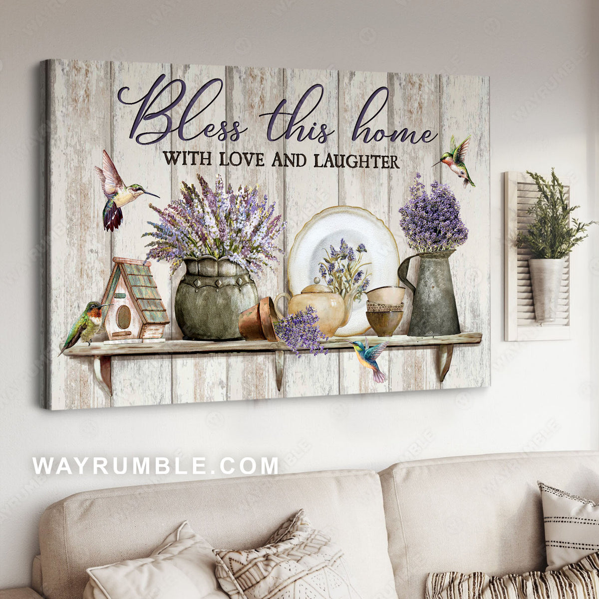 Lavender in pots, Hummingbirds, Tea pot, Oval plate, Bless this home - Jesus Landscape Canvas Prints, Christian Wall Art