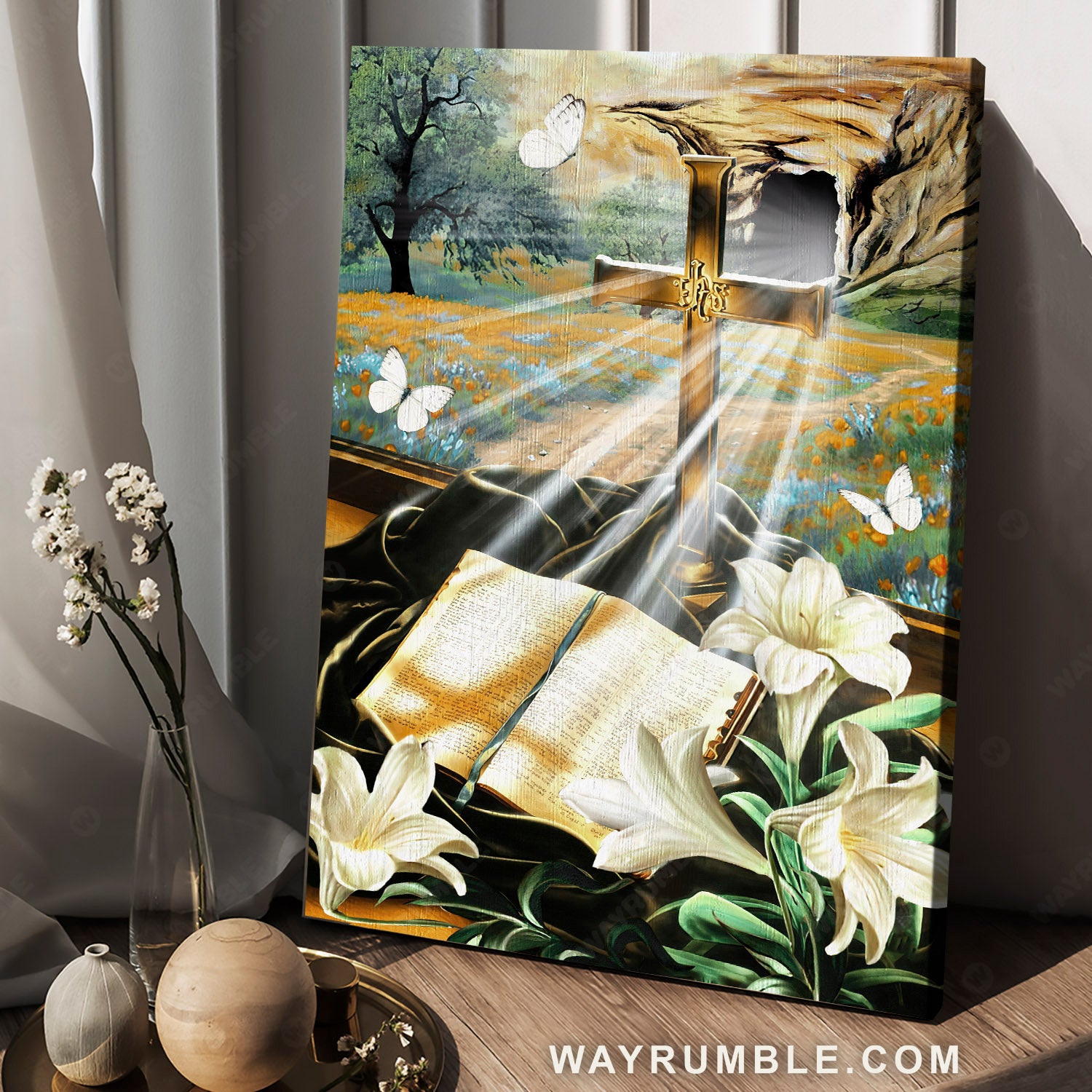 Bible book, Lily flowers, Golden cross, White butterfly - Jesus Portrait Canvas Prints, Christian Wall Art