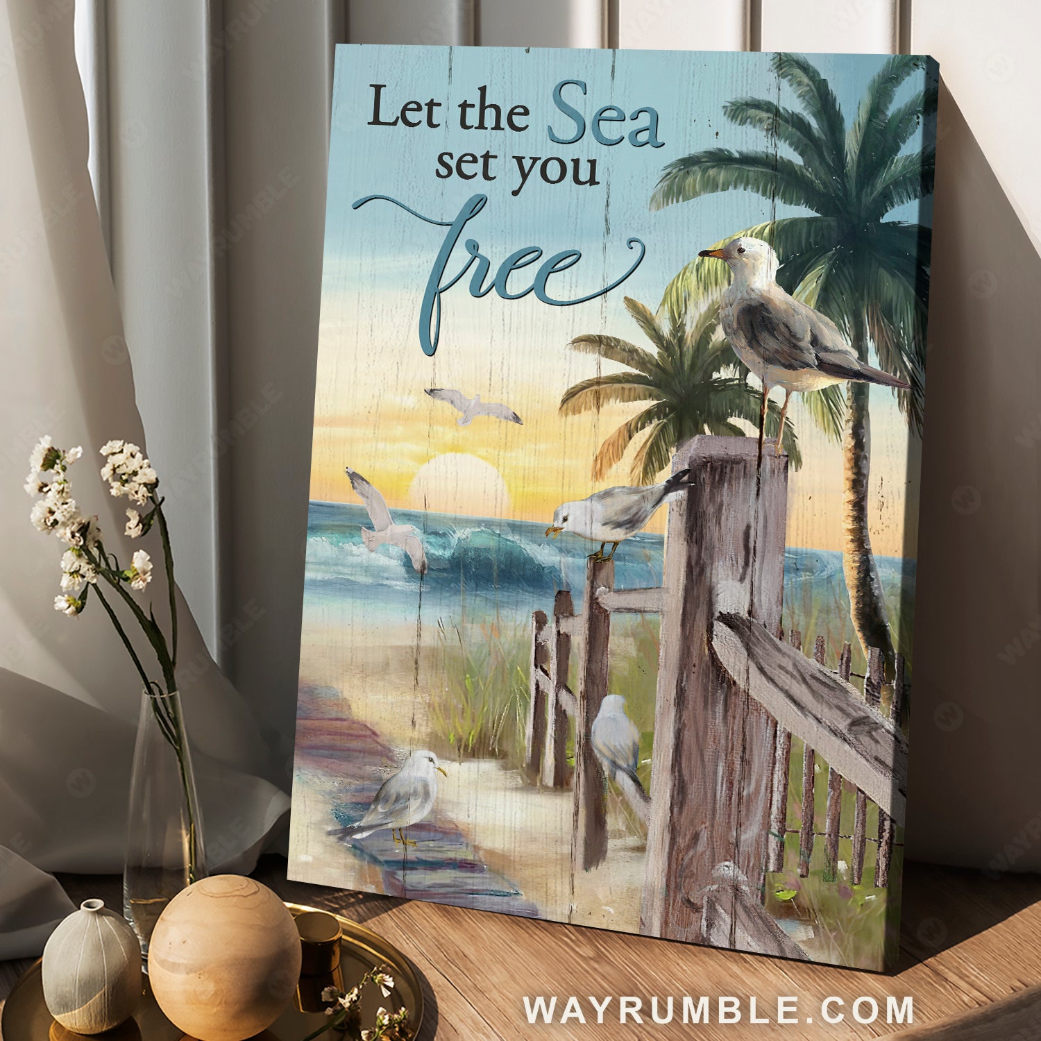 Seagull painting, Sunrise ocean. Palm tree, Let the sea set you free - Jesus Portrait Canvas Prints, Christian Wall Art