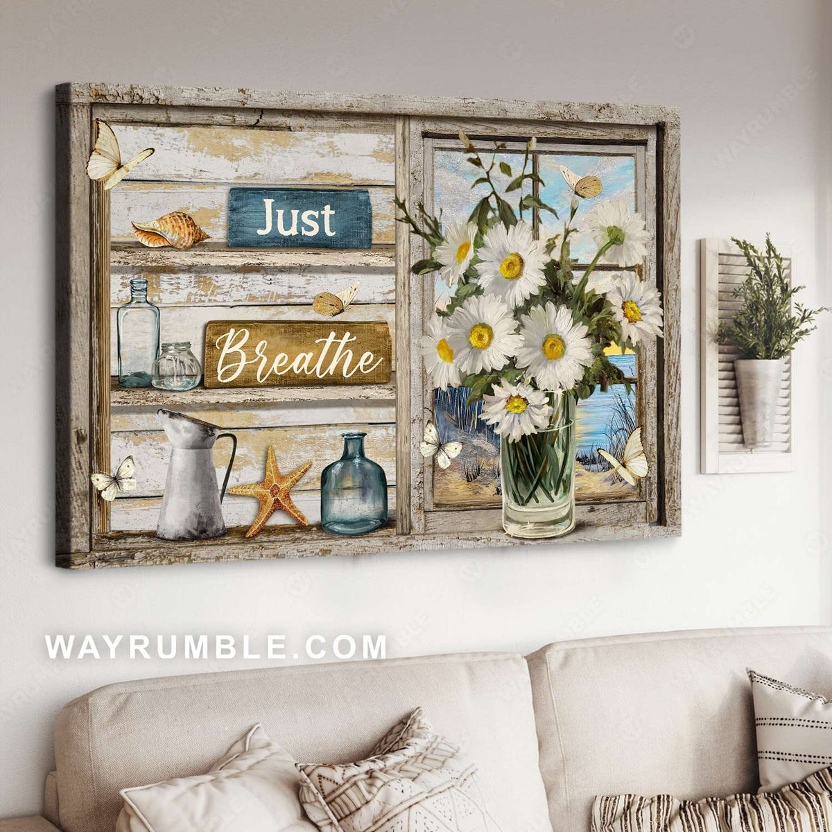 Daisy flower, Glass vase, Starfish, Seashell, Wood shelves, Just breathe - Jesus Landscape Canvas Prints, Christian Wall Art