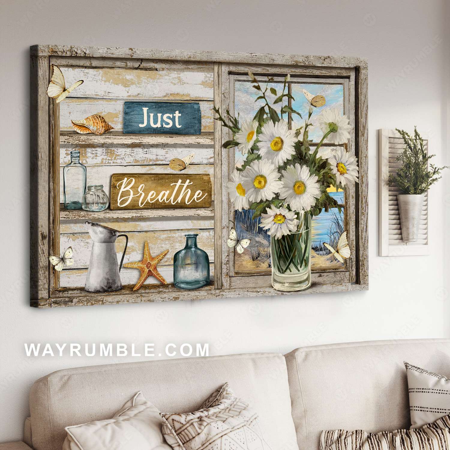 Daisy flower, Glass vase, Starfish, Seashell, Wood shelves, Just breathe - Jesus Landscape Canvas Prints, Christian Wall Art