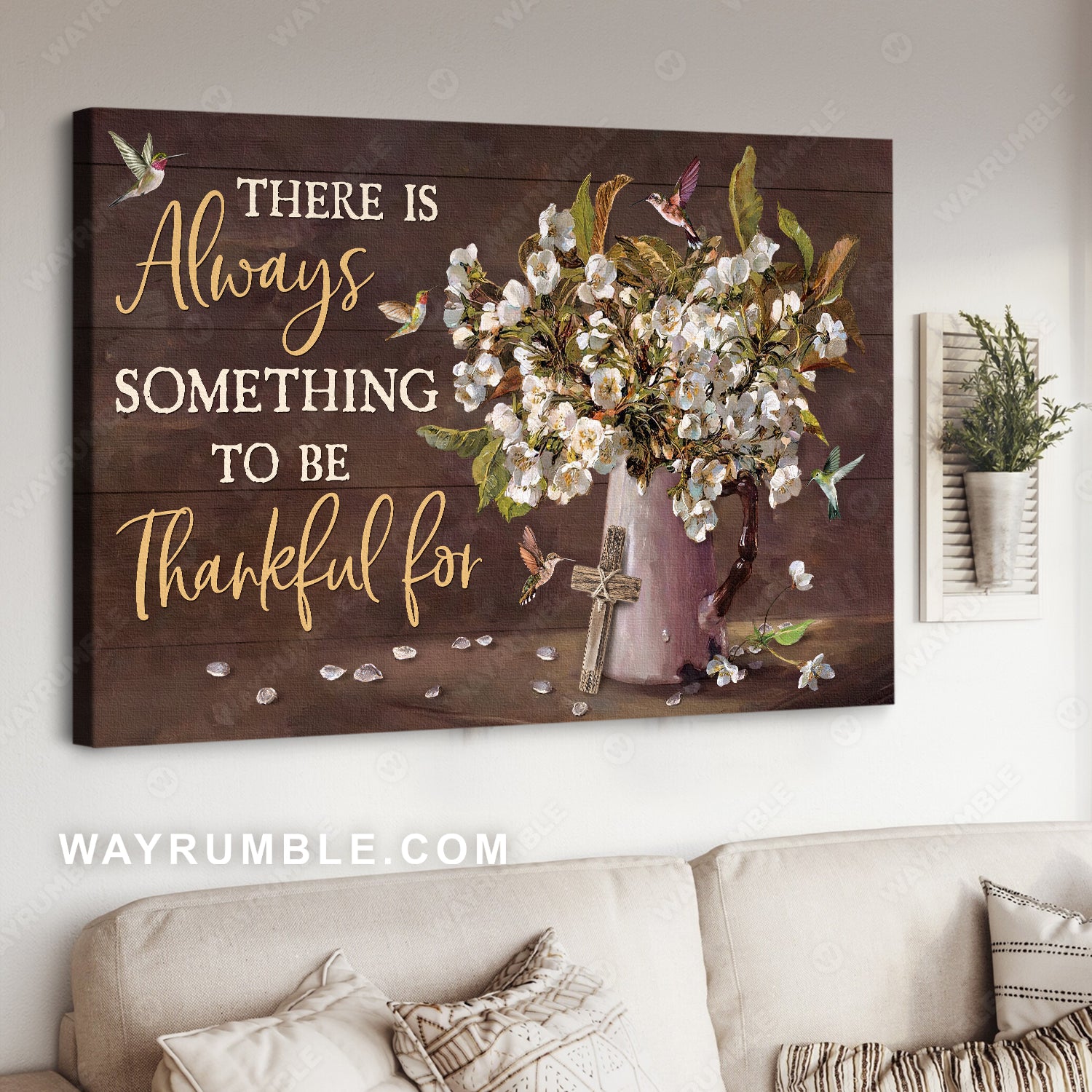 Vintage jasmine vase, Colorful hummingbird, Something to be thankful for - Jesus Landscape Canvas Prints, Christian Wall Art