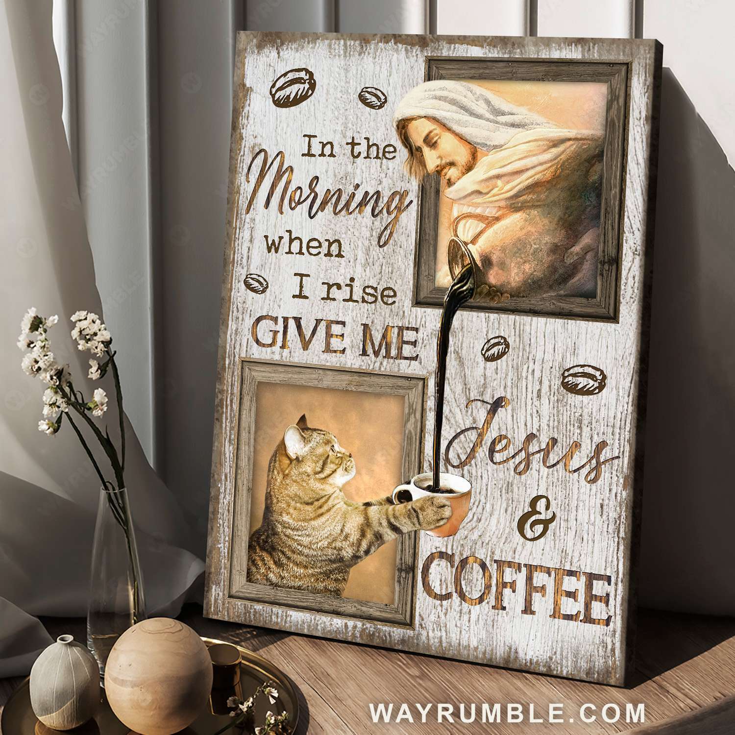 Jesus painting, Tabby cat, Coffee cup, In the morning when I rise - Jesus Portrait Canvas Prints, Christian Wall Art