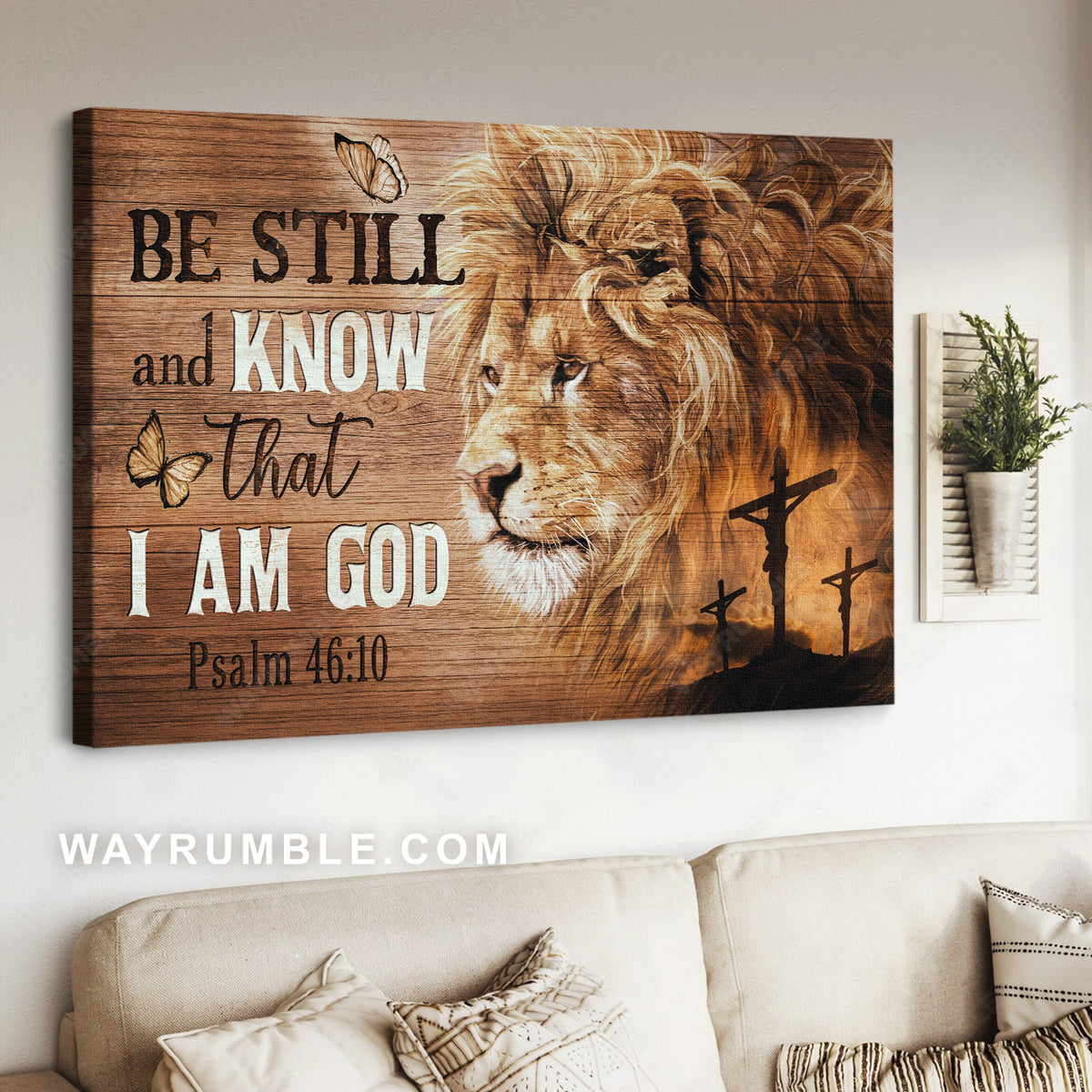 Beautiful lion, Jesus on the cross, Monarch butterfly, Be still and know I am God - Jesus Landscape Canvas Prints, Home Decor Wall Art