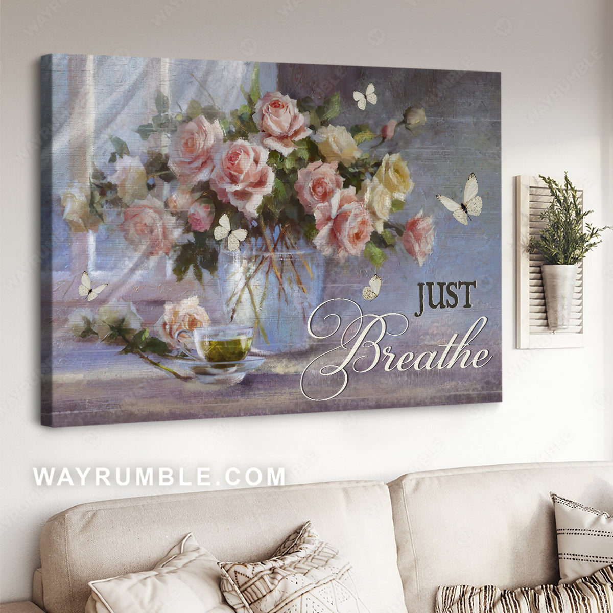 Vintage rose, Tea cup, Still life painting, Just breathe - Jesus Landscape Canvas Prints, Christian Wall Art