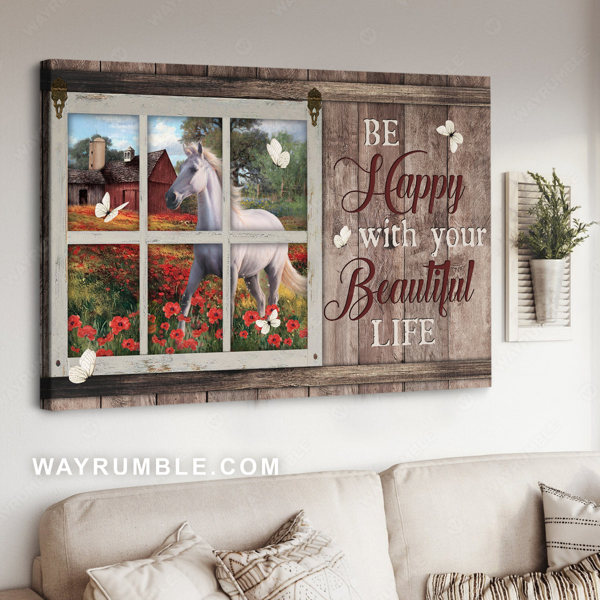 White horse, Red poppy, Farm life, Be happy with your beautiful life - Jesus Landscape Canvas Prints, Christian Wall Art