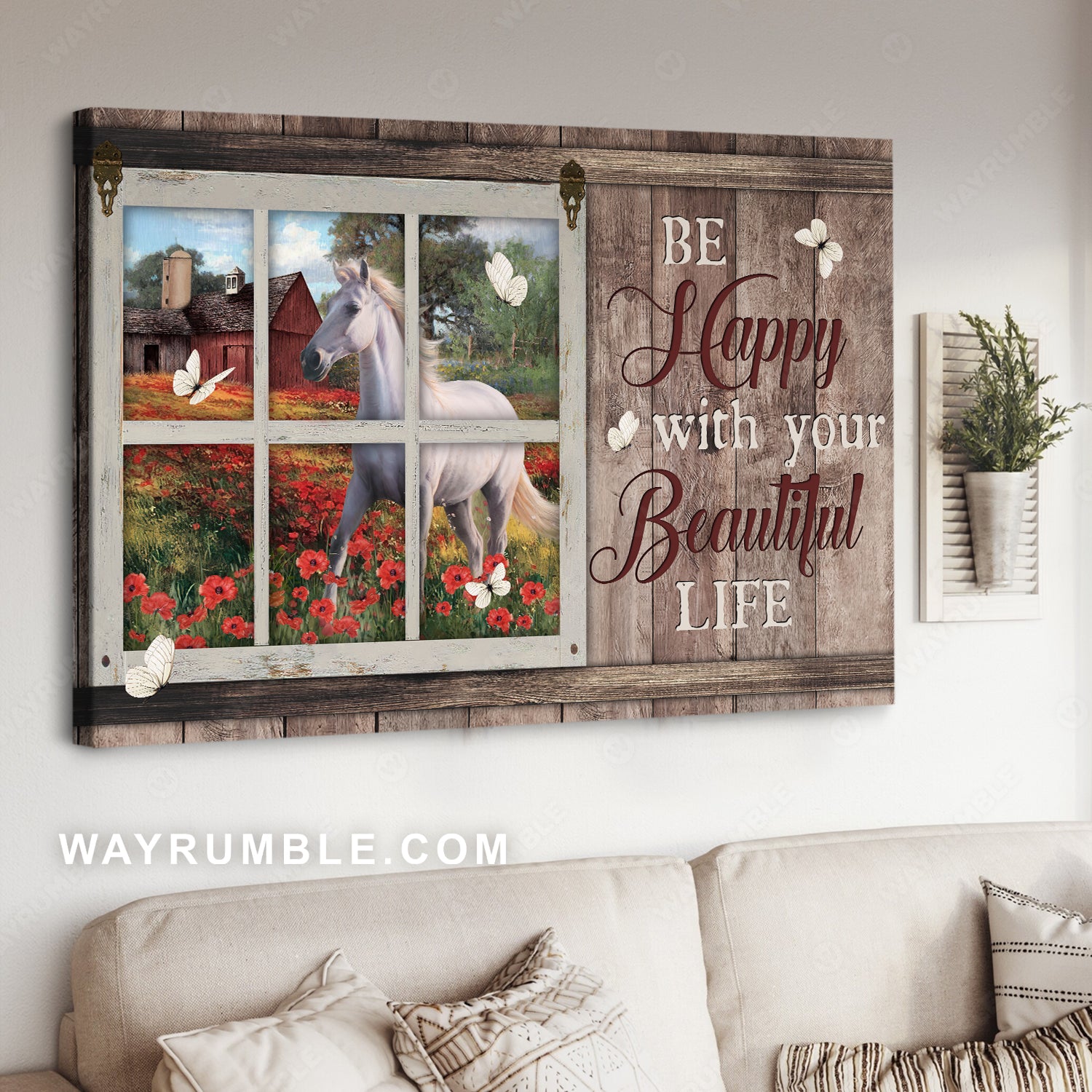 White horse, Red poppy, Farm life, Be happy with your beautiful life - Jesus Landscape Canvas Prints, Christian Wall Art