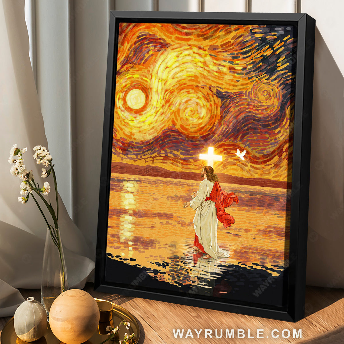 Stunning sunset, Light cross, Jesus walking on water, Jesus calls - Jesus Portrait Canvas Prints, Home Decor Wall Art