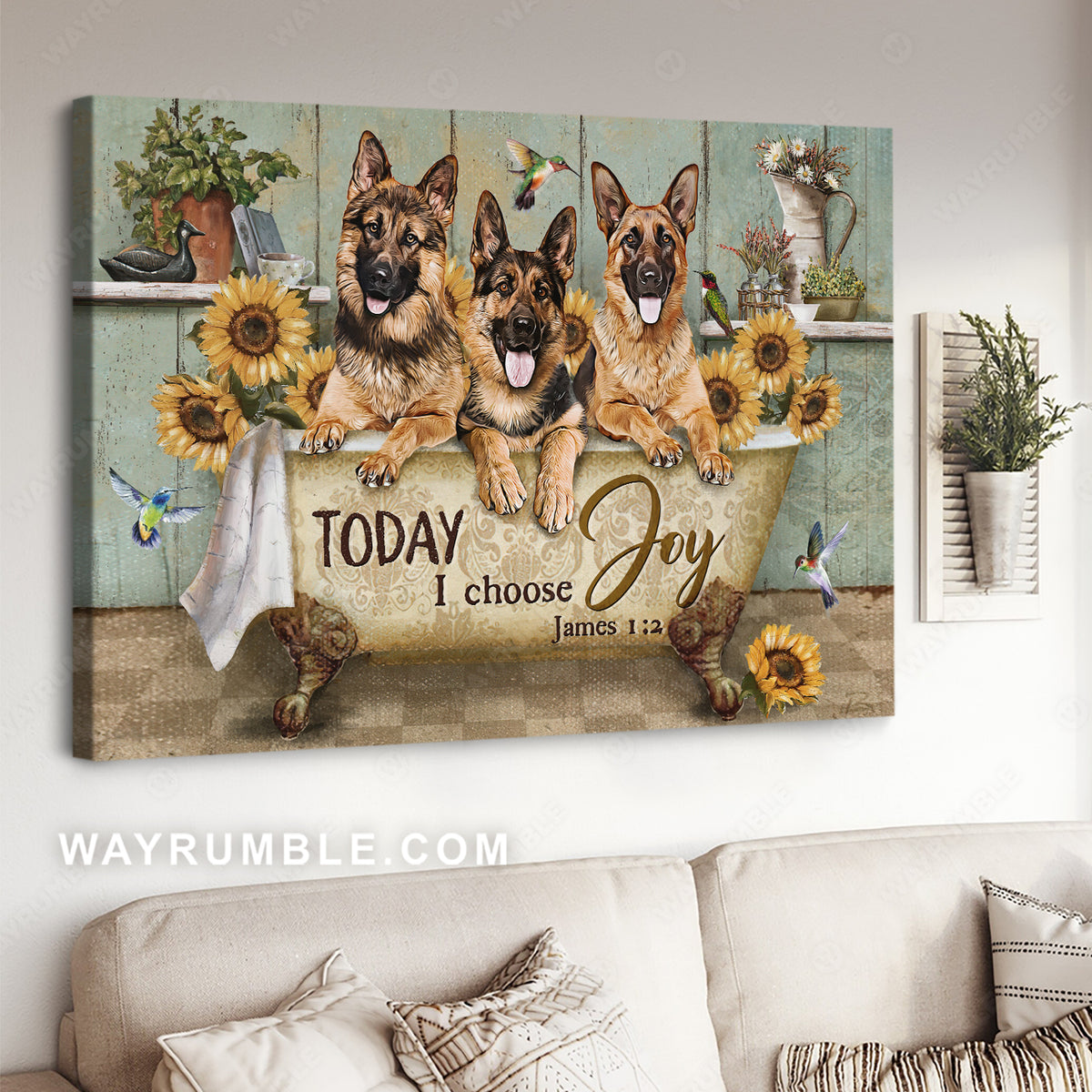 Cute German Shepherd, Vintage bathtub, Sunflower, Today I choose joy - Jesus Landscape Canvas Prints, Christian Wall Art