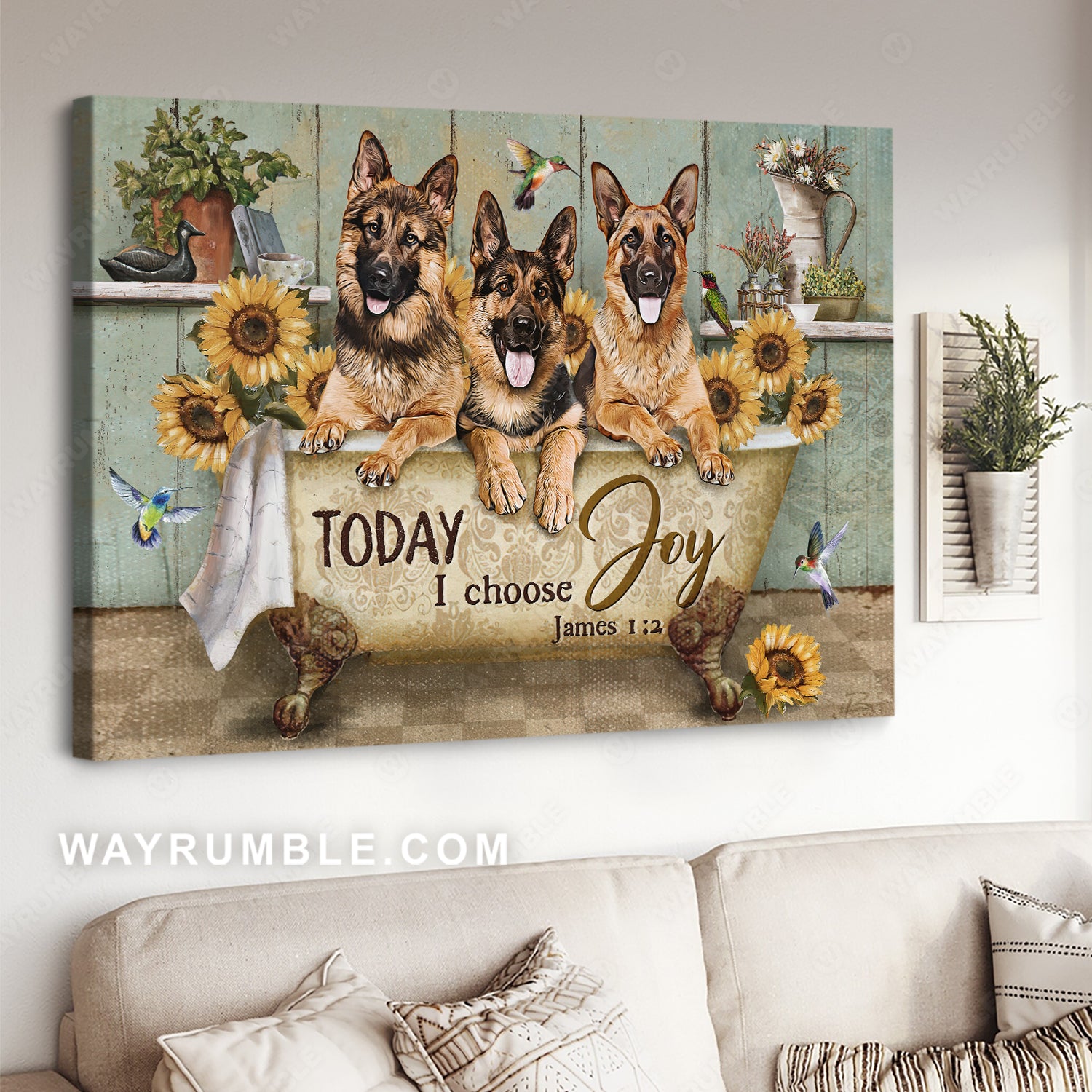 Cute German Shepherd, Vintage bathtub, Sunflower, Today I choose joy - Jesus Landscape Canvas Prints, Christian Wall Art