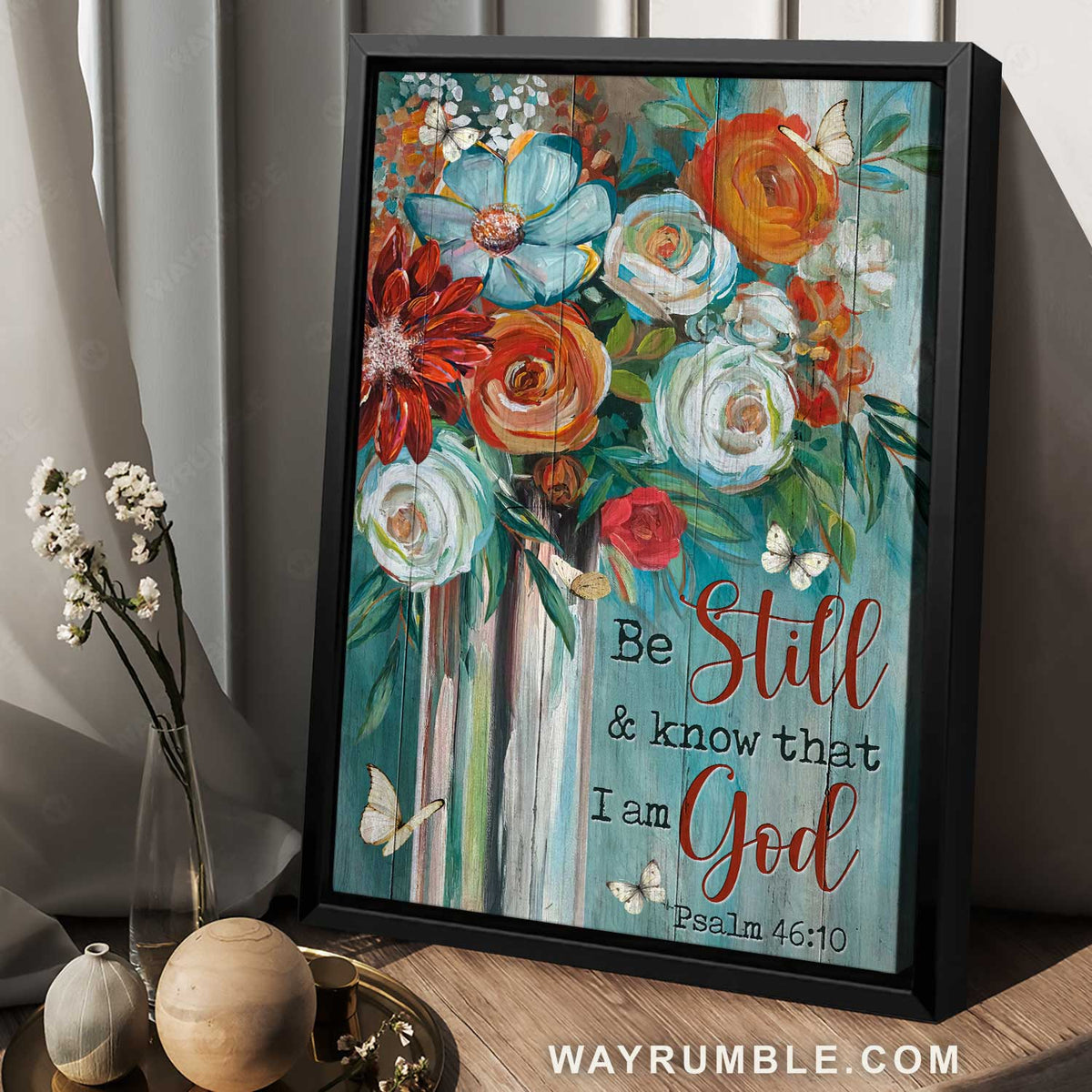 Watercolor flower painting, Red rose, Butterfly, Be still and know that I am God - Jesus Portrait Canvas Prints, Christian Wall Art