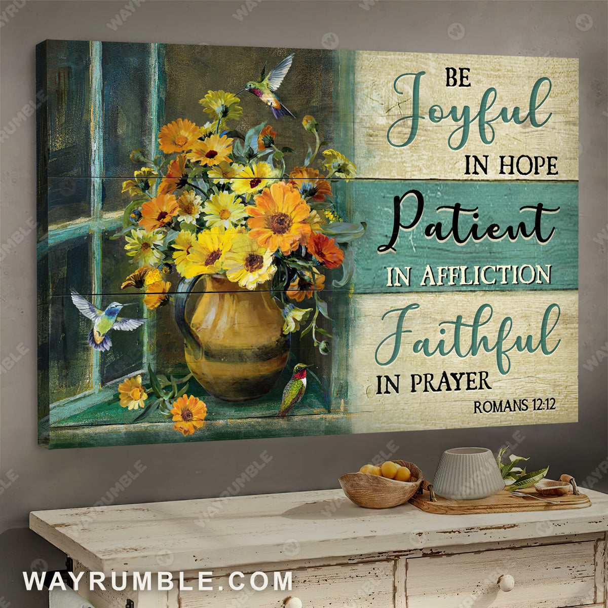 Colorful flower painting, Wooden window, Be joyful in hope - Jesus Landscape Canvas Prints, Wall Art