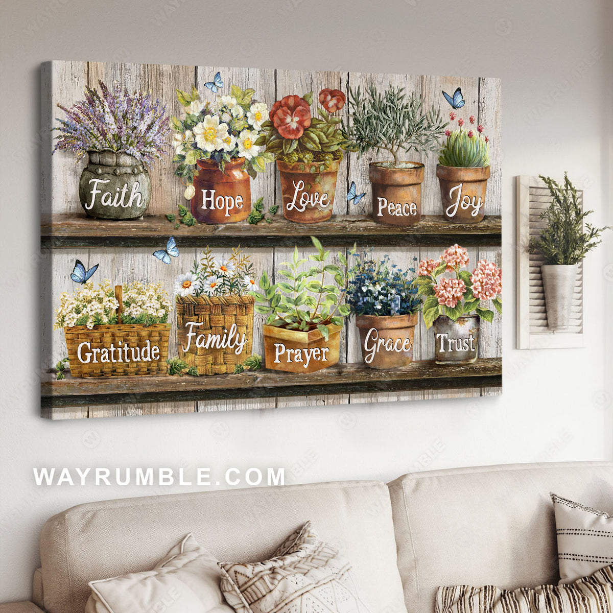 Colorful flowers, Blue butterfly, Flower vases, Faith hope love- Jesus Landscape Canvas Prints, Christian Wall Art