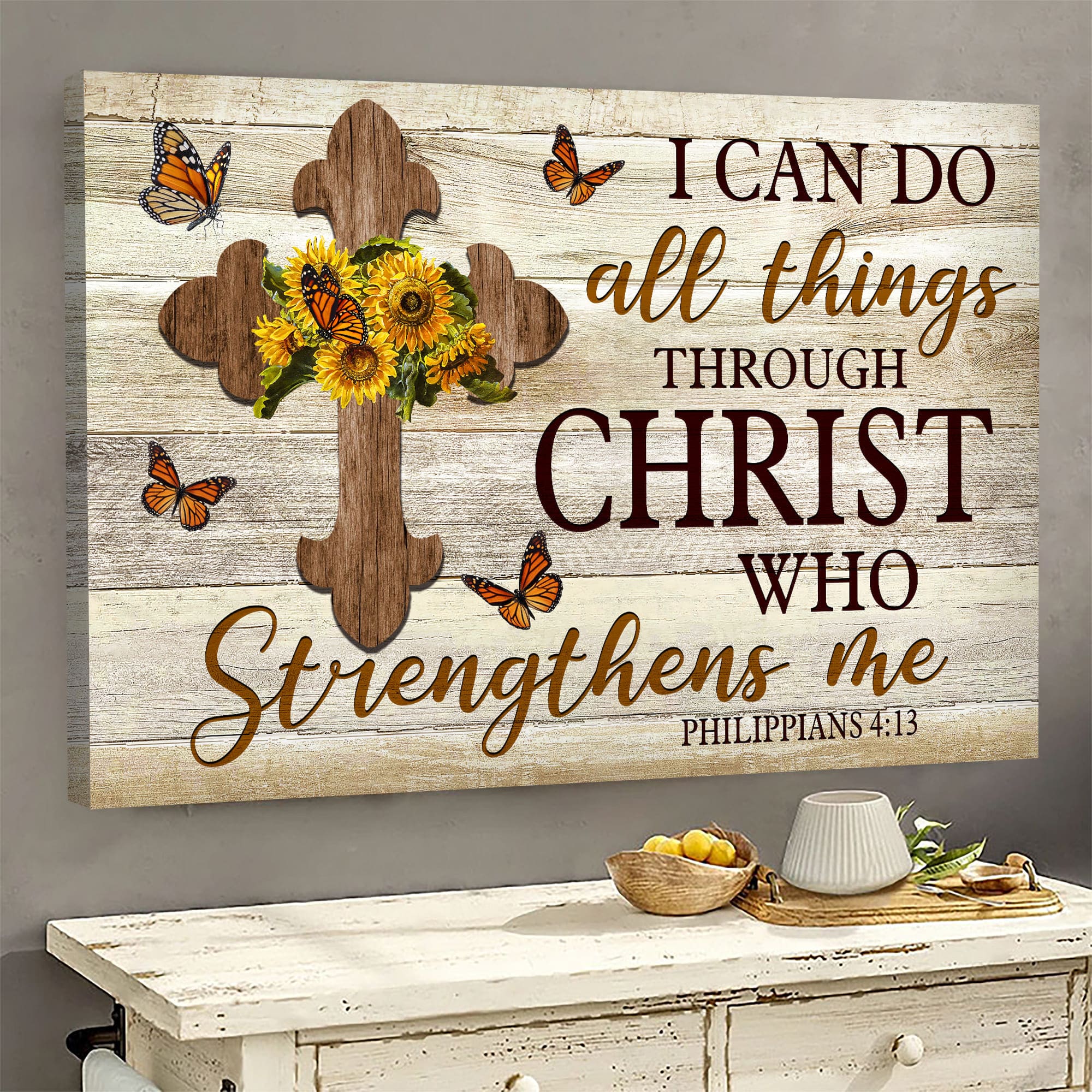 Sunflower, Butterfly, Wooden cross, I can do all things through Christ who strengthens me - Jesus Landscape Canvas Prints, Wall Art