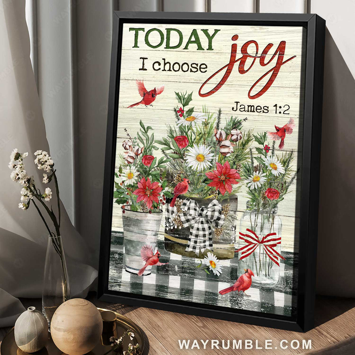 Christmas vibe, Pretty flower vase, Beautiful cardinal, Today I choose joy - Jesus Portrait Canvas Prints, Home Decor Wall Art
