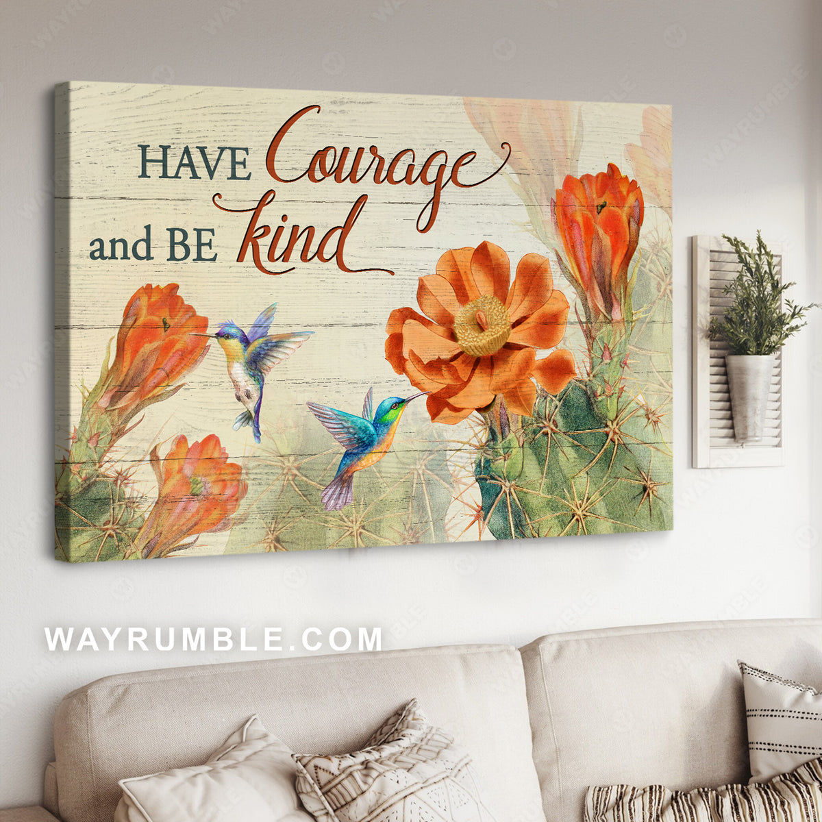 Orange cactus flower, Hummingbird drawing, Have courage and be kind - Jesus Landscape Canvas Prints, Christian Wall Art