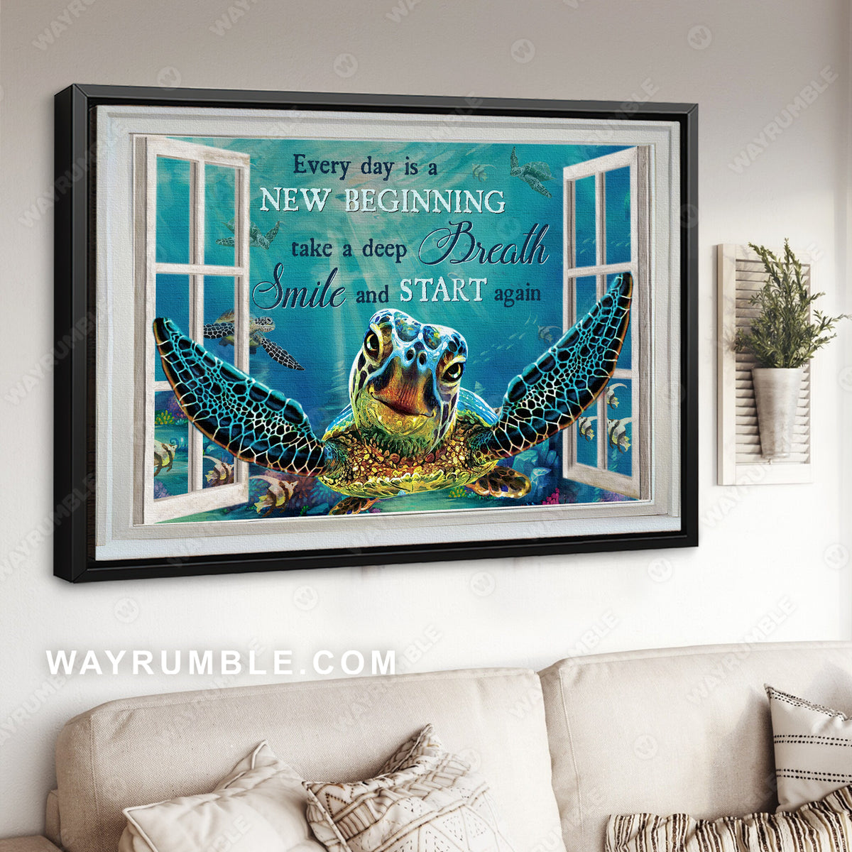 Blue turtle, Window frame, Ocean painting, Every day is a new beginning - Jesus Landscape Canvas Prints, Christian Wall Art