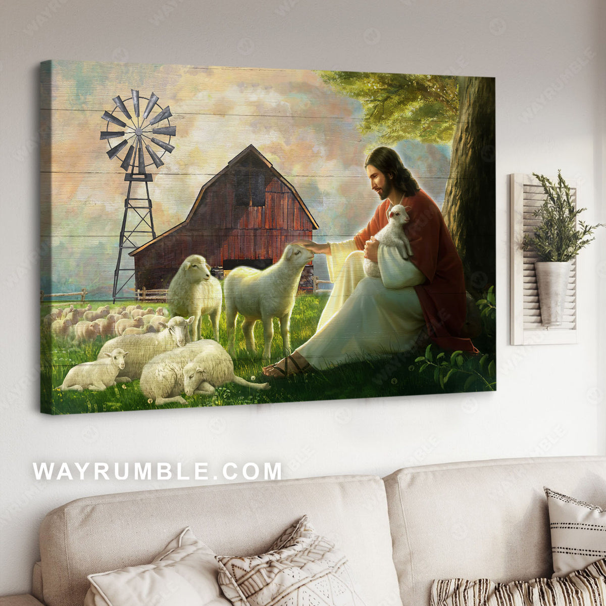 White lamb of God, Green meadow land, Peace farm, The world in his arm - Jesus Landscape Canvas Prints, Christian Wall Art