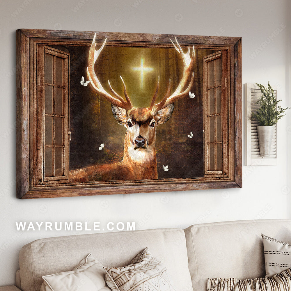 Deer painting, Cross light, Window frame, In the forest - Jesus Landscape Canvas Prints, Christian Wall Art