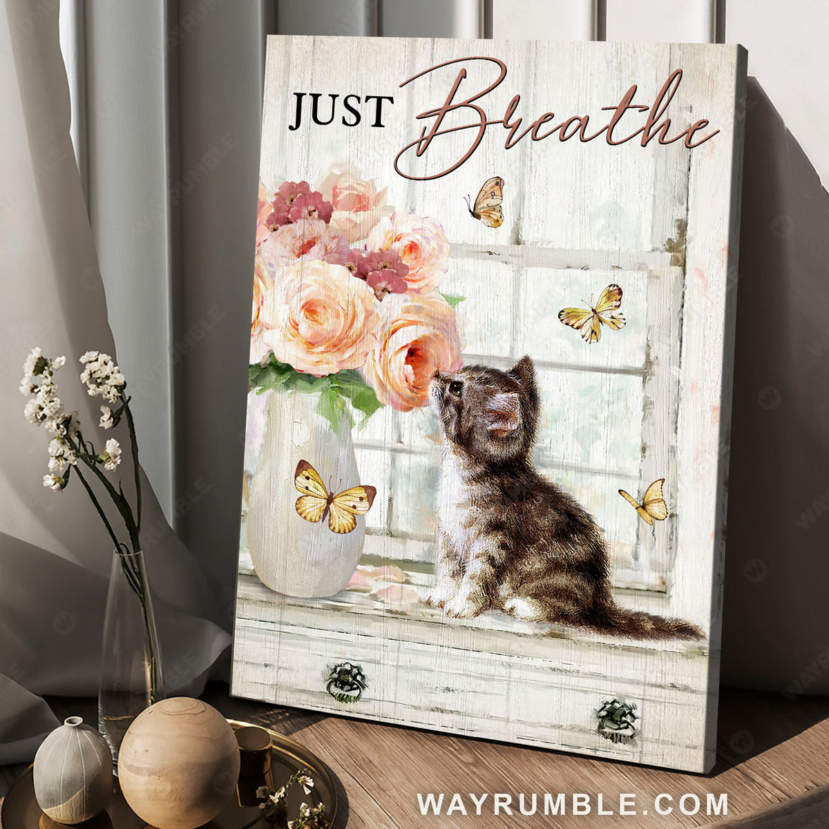 Cute kitten, Pink roses, Yellow butterfly, Just breathe - Jesus Portrait Canvas Prints, Christian Wall Art