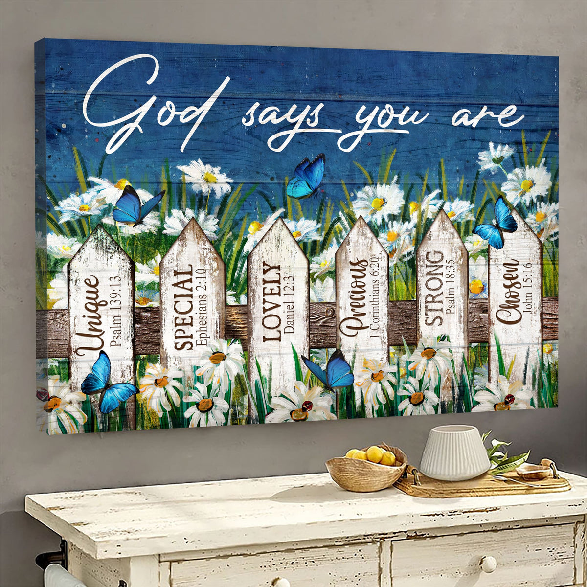 Daisy Garden, Butterfly, Fence, God says you are - Jesus Landscape Canvas Prints, Wall Art