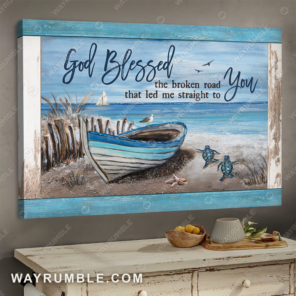 Blue wooden boat, Turtle drawing, God blessed the broken road - Jesus Landscape Canvas Prints, Wall Art