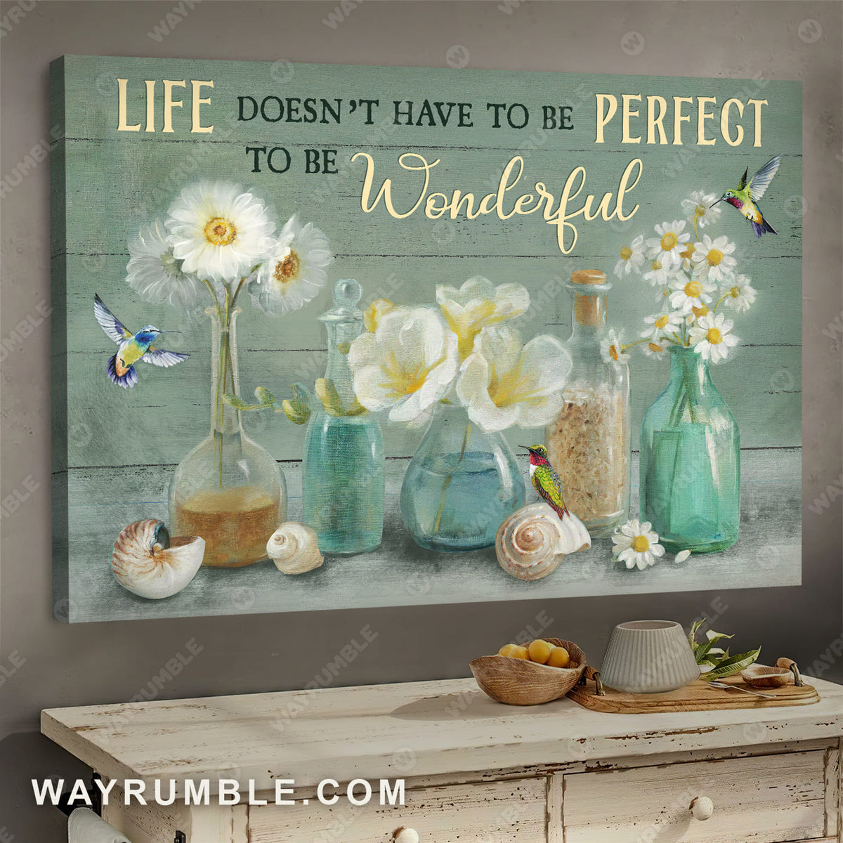 White flower in vase, Colorful hummingbird, Snail shell, Life doesn't have to be perfect - Jesus Landscape Canvas Prints, Wall Art